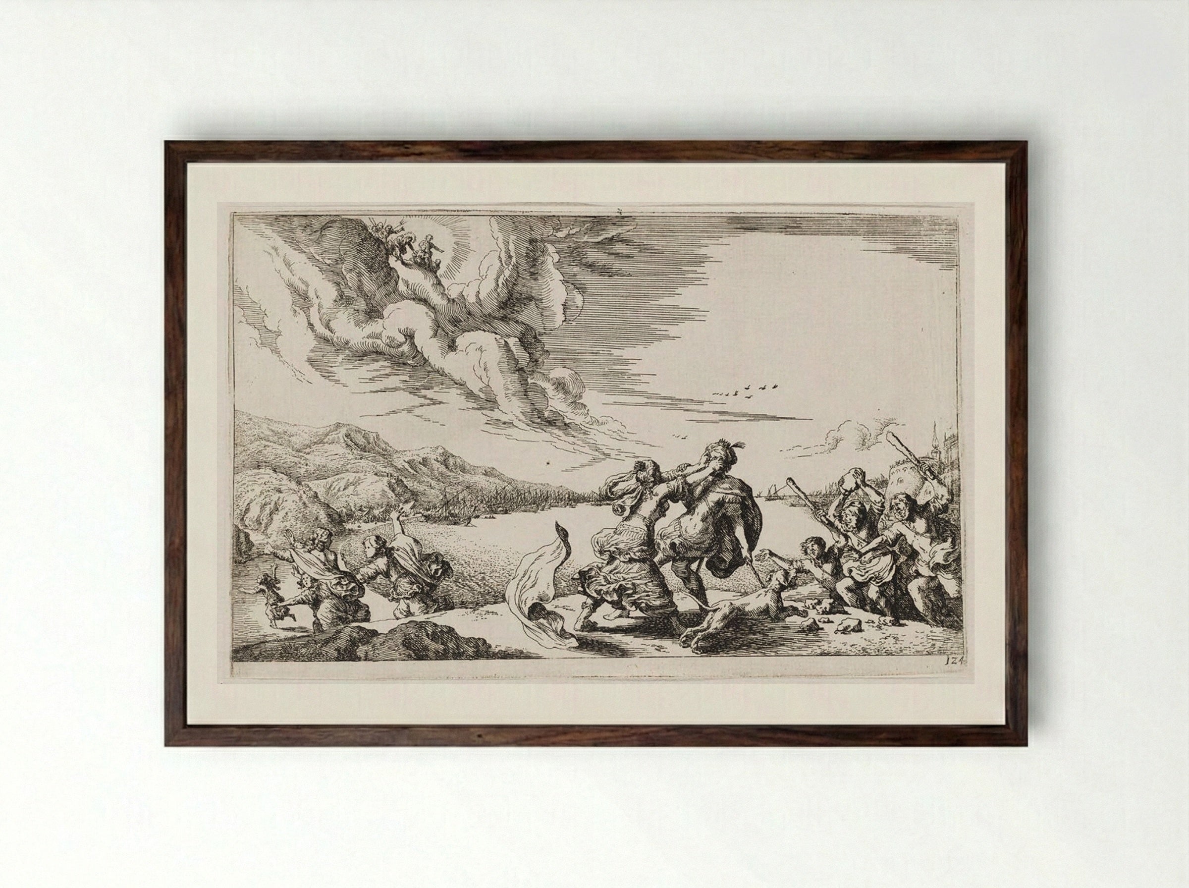 Hecuba Tears Out the Eyes of Polymestor and Is Transformed into a Dog - Johann Wilhelm Baur - Framed Print Dark Wood