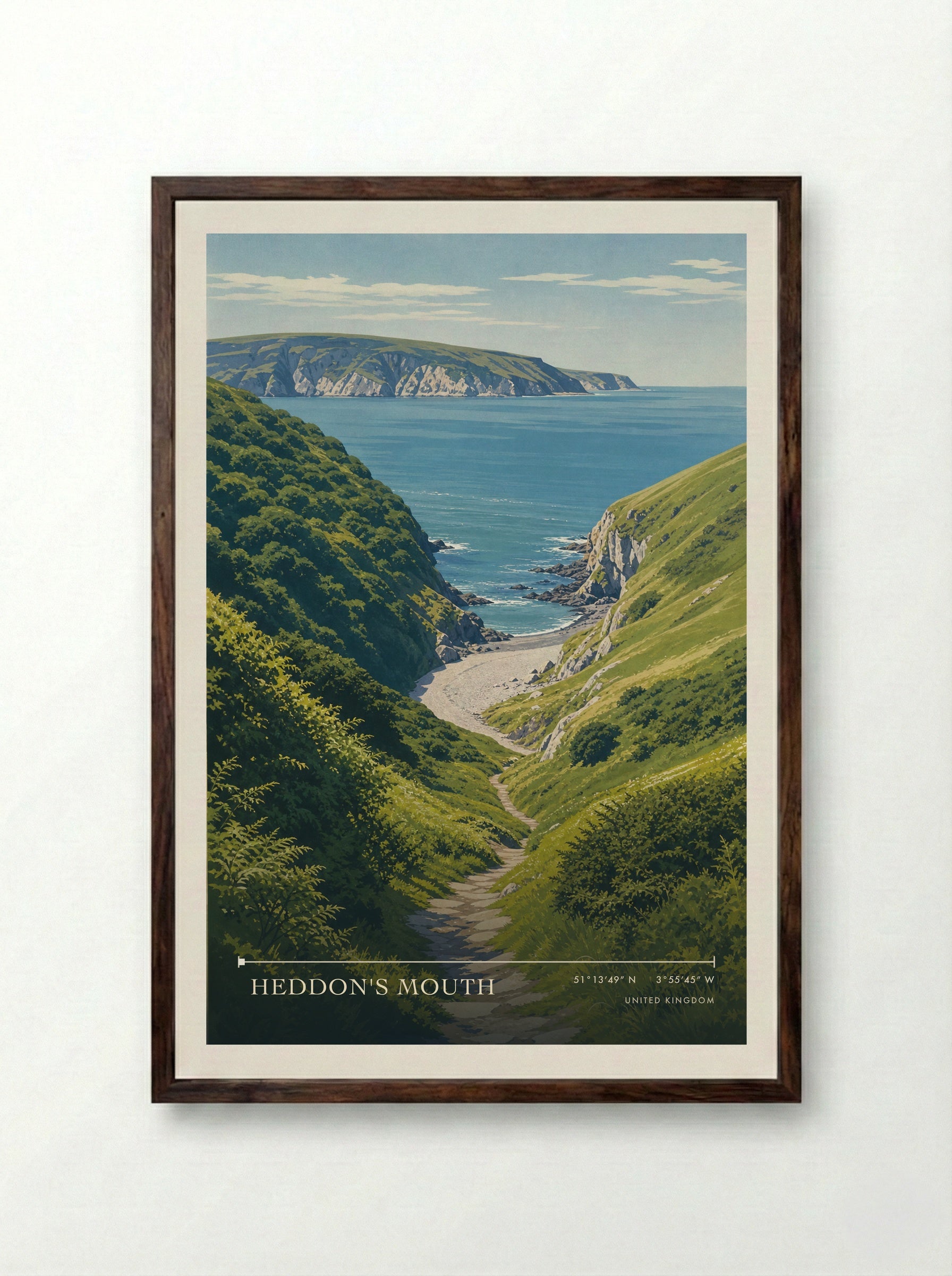 Heddon's Mouth United Kingdom Travel Poster - Framed Print Dark Wood