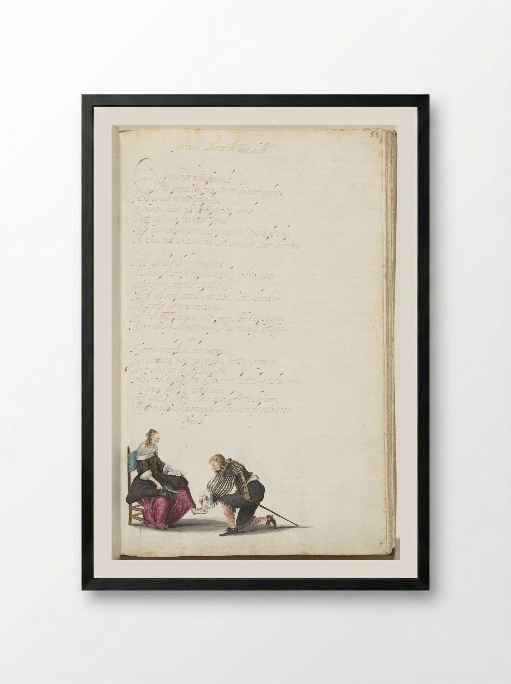 Heer die de schoenveter van een dame strikt - Gesina ter Borch - Framed Print Black