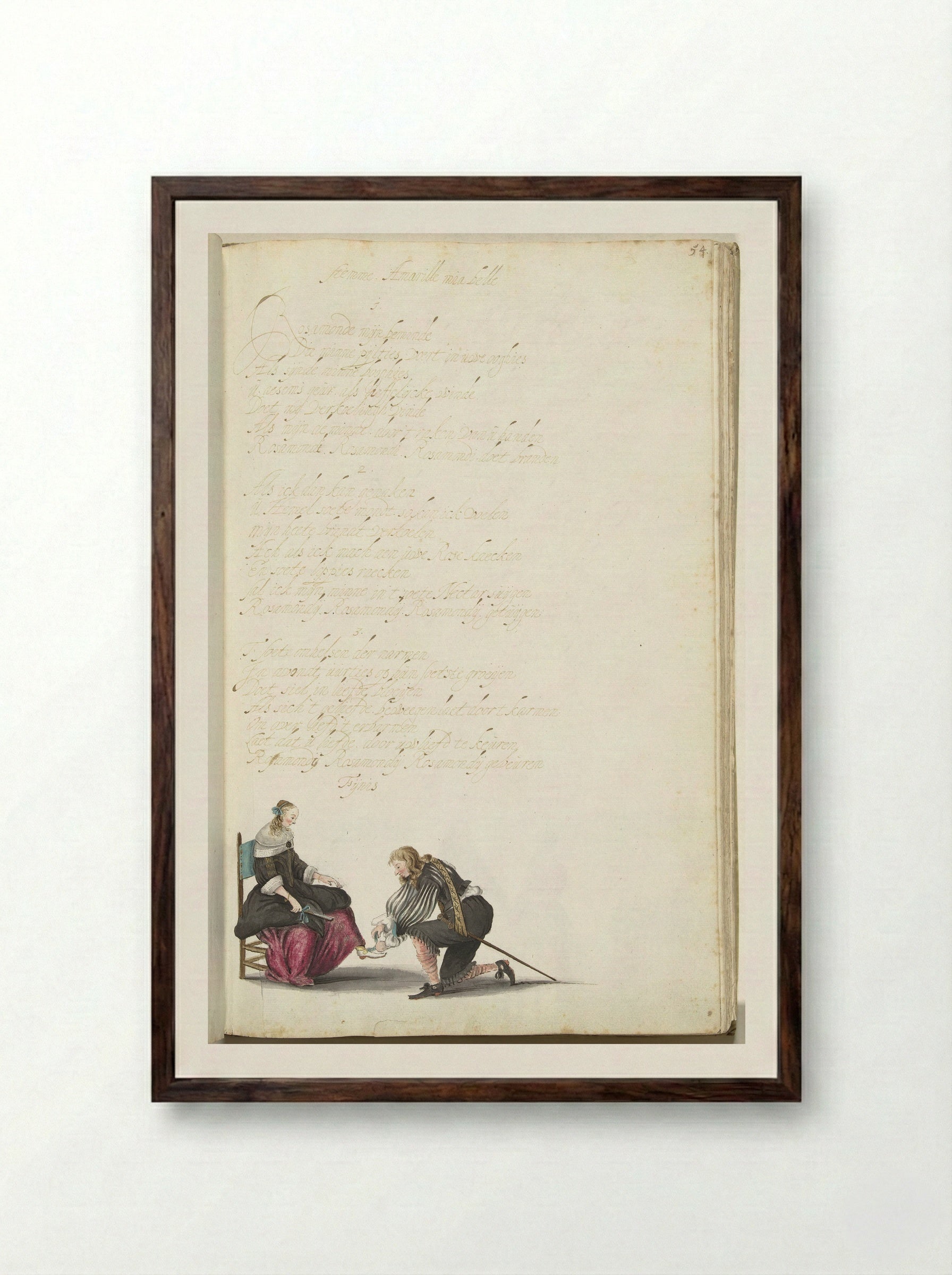 Heer die de schoenveter van een dame strikt - Gesina ter Borch - Framed Print Dark Wood