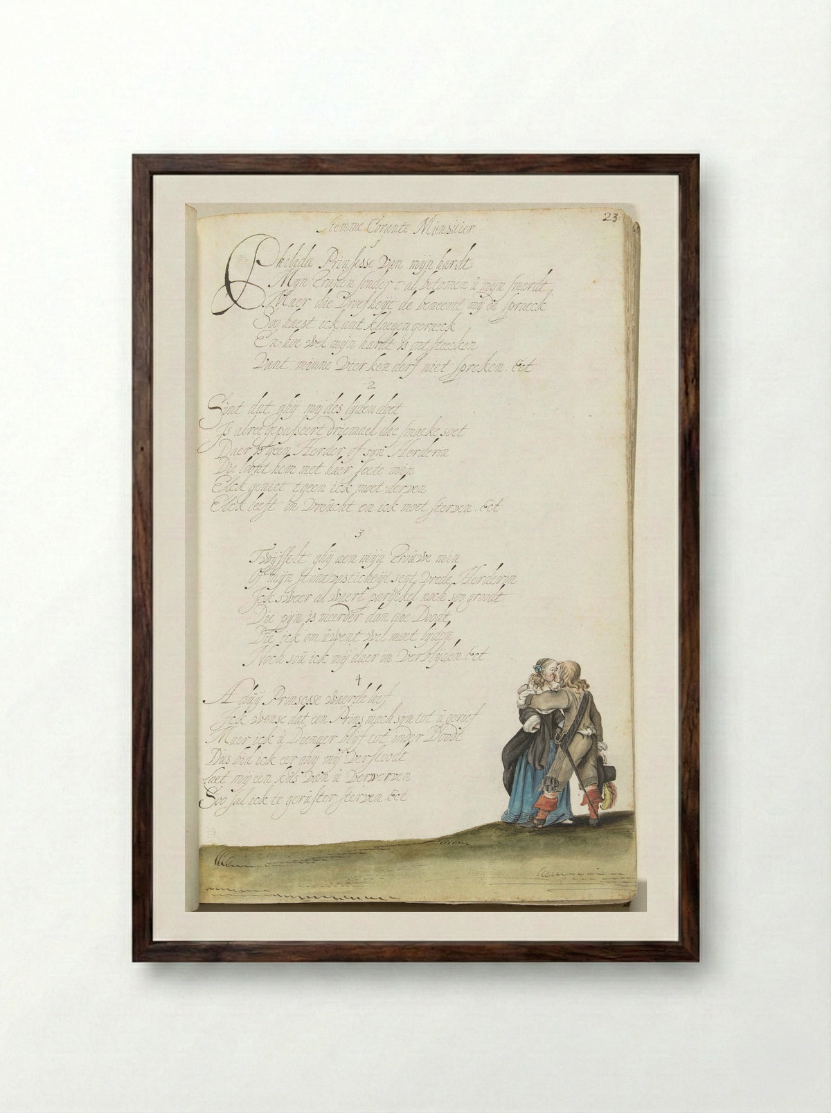 Heer en jongedame in een omhelzing - Gesina ter Borch - Framed Print Dark Wood