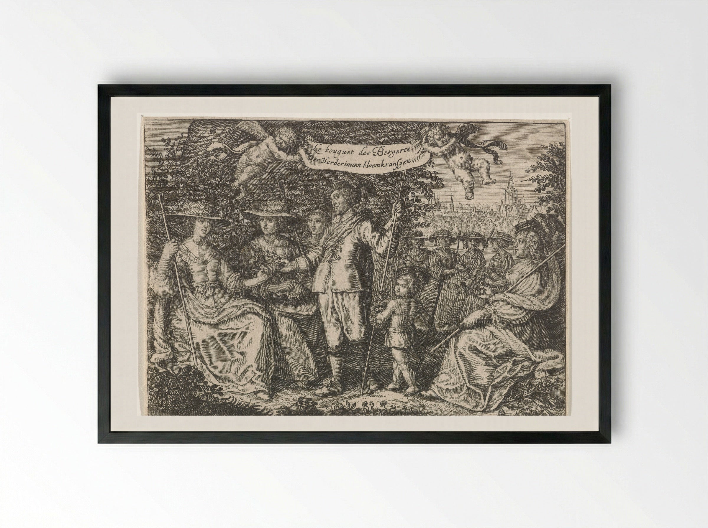 Heer omringd door herderinnen - Crispijn van de Passe (II) - Framed Print Black