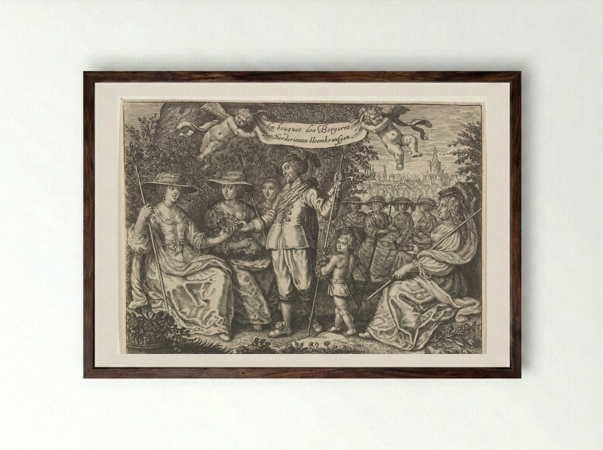Heer omringd door herderinnen - Crispijn van de Passe (II) - Framed Print Dark Wood