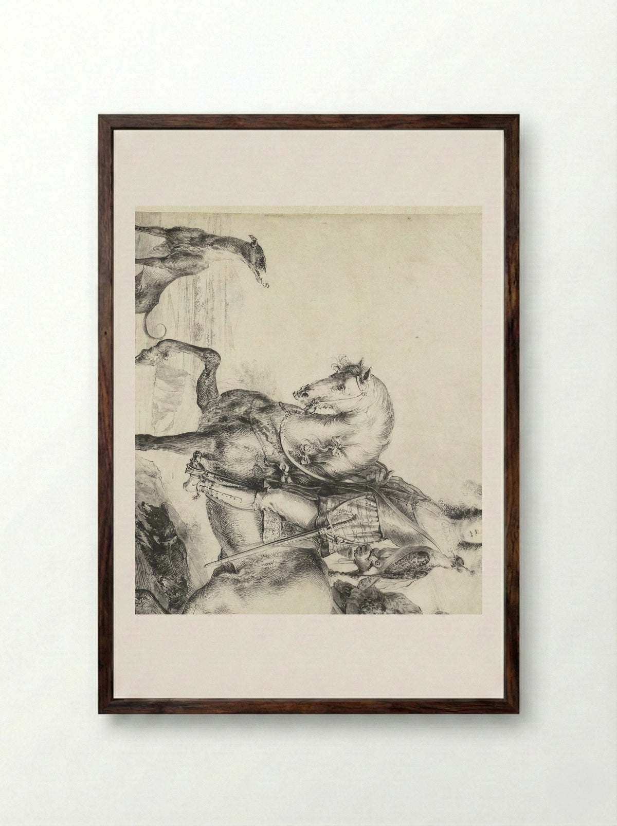 Heer te paard op valkenjacht - Pieter Rottermondt - Framed Print Dark Wood