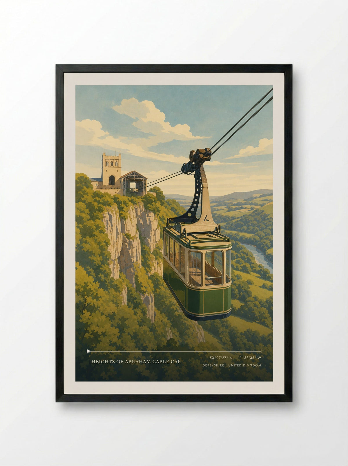 Heights of Abraham Cable Car Derbyshire United Kingdom Travel Poster - Framed Print Black