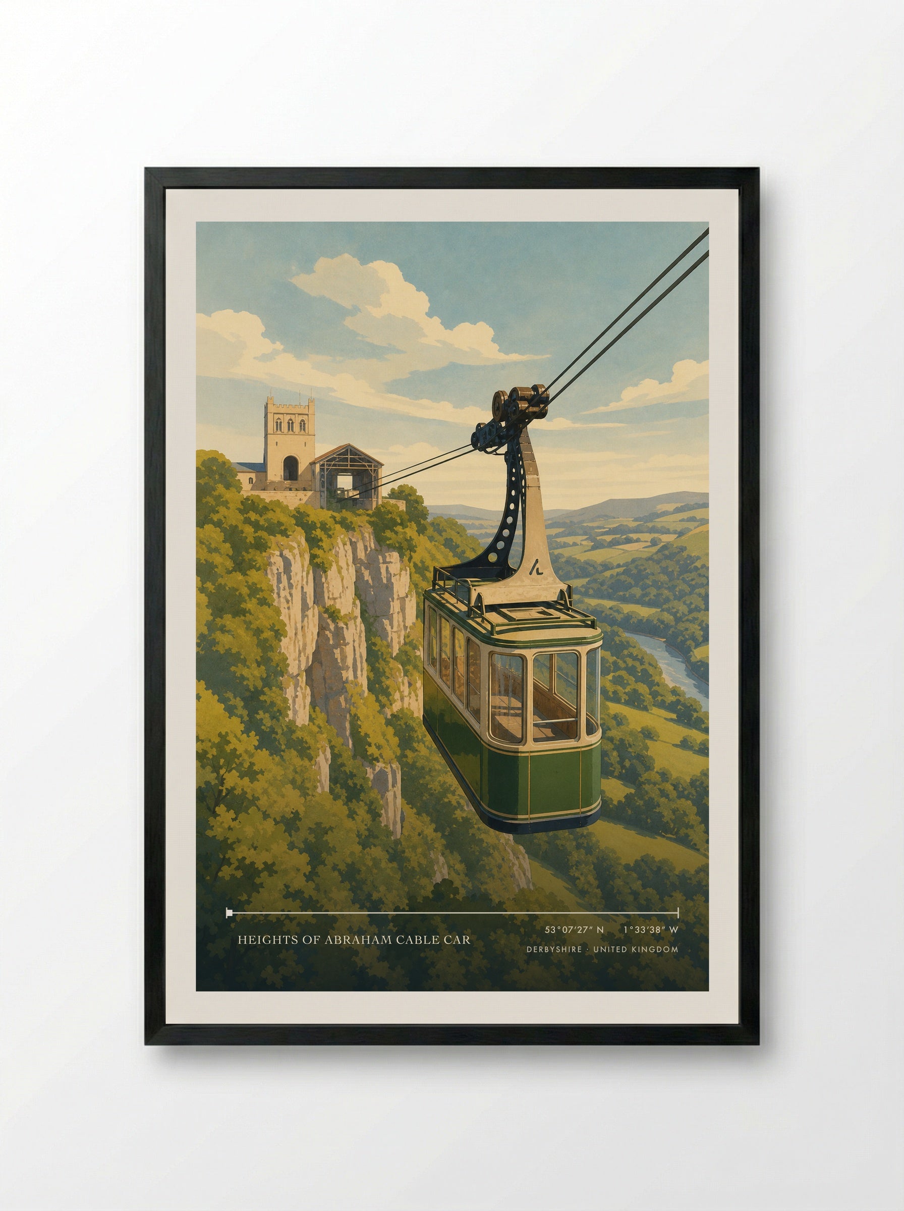 Heights of Abraham Cable Car Derbyshire United Kingdom Travel Poster - Framed Print Black