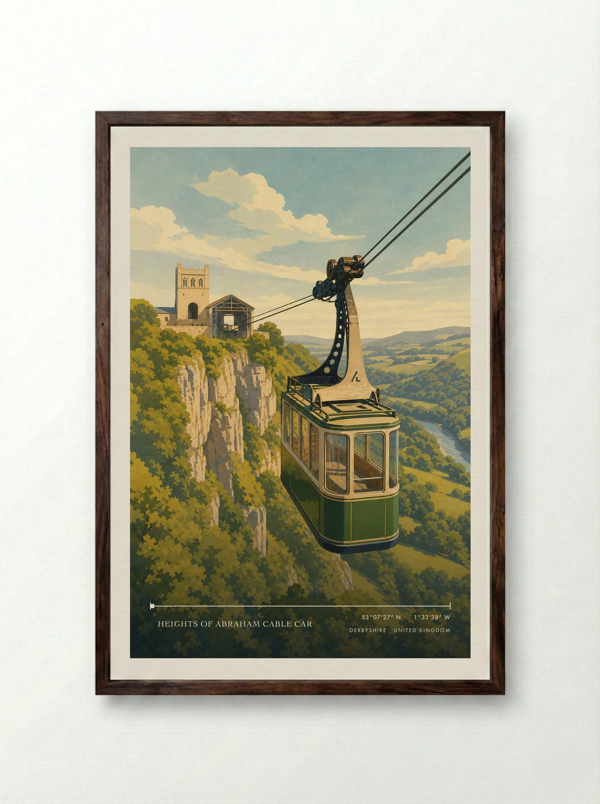 Heights of Abraham Cable Car Derbyshire United Kingdom Travel Poster - Framed Print Dark Wood