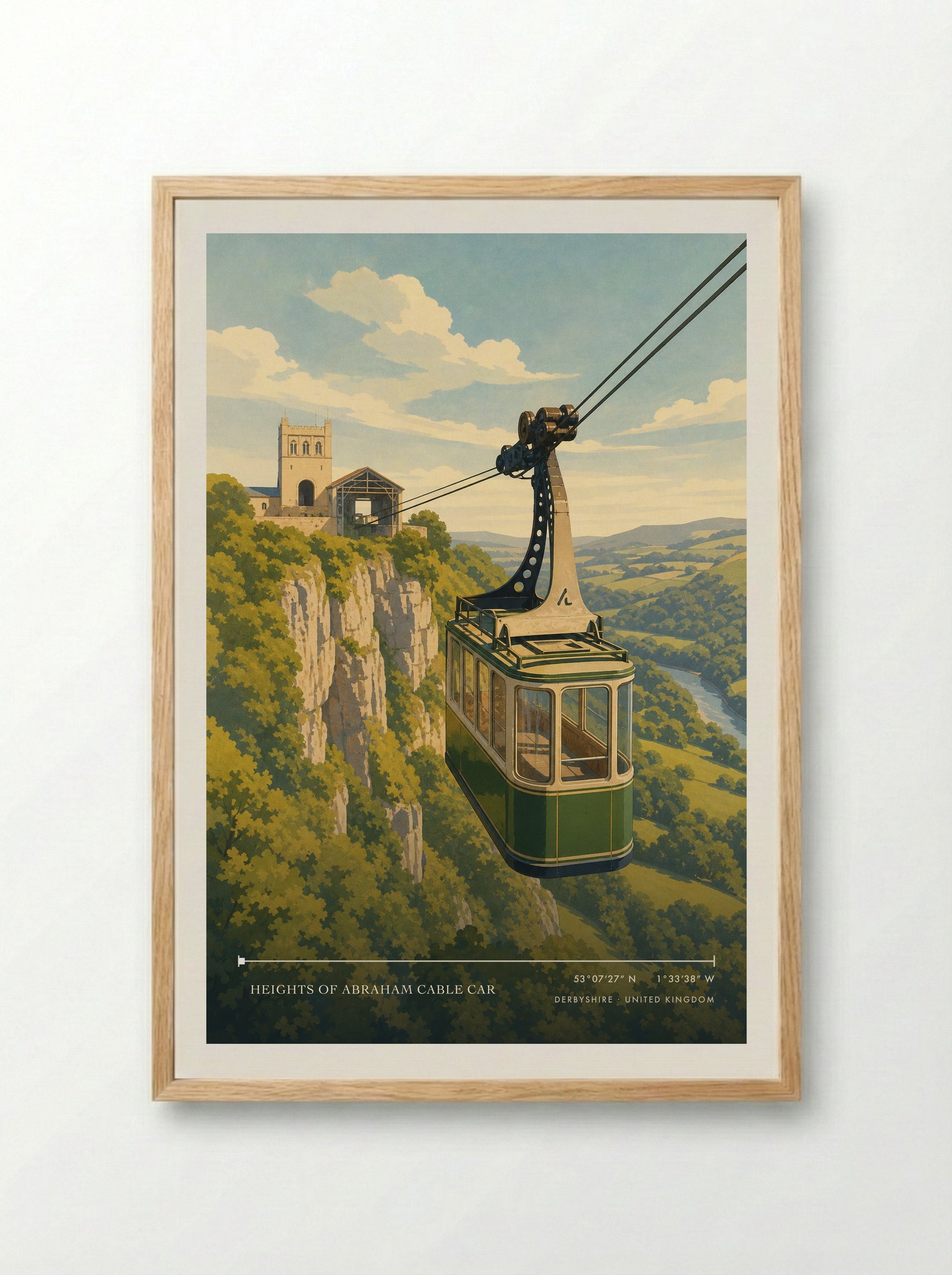 Heights of Abraham Cable Car Derbyshire United Kingdom Travel Poster - Framed Print Wood