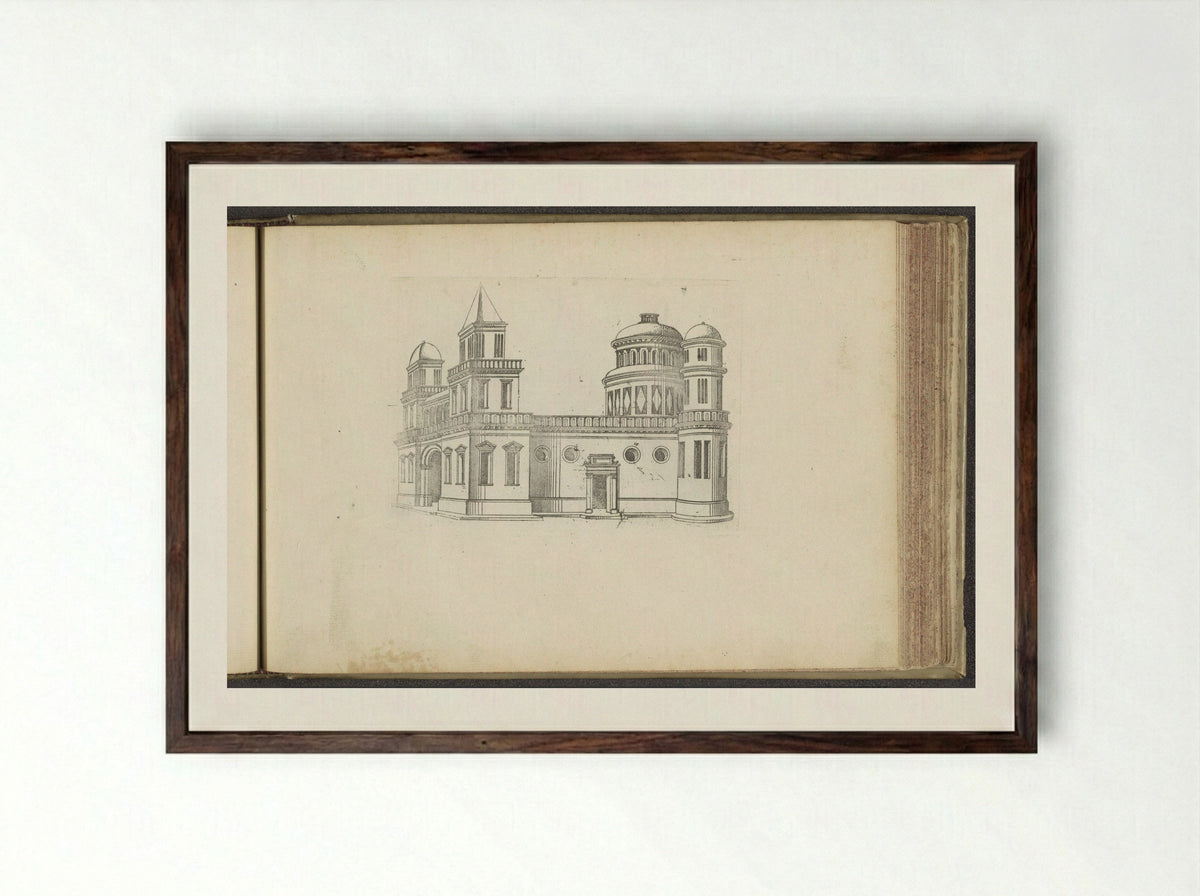 Heiligdom met op de hoeken verschillende torens - Jacques Androuet du Cerceau - Framed Print Dark Wood