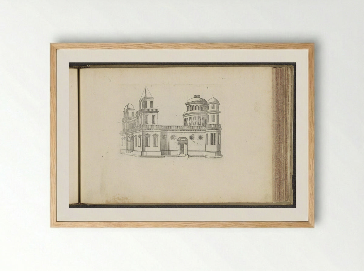 Heiligdom met op de hoeken verschillende torens - Jacques Androuet du Cerceau - Framed Print Wood