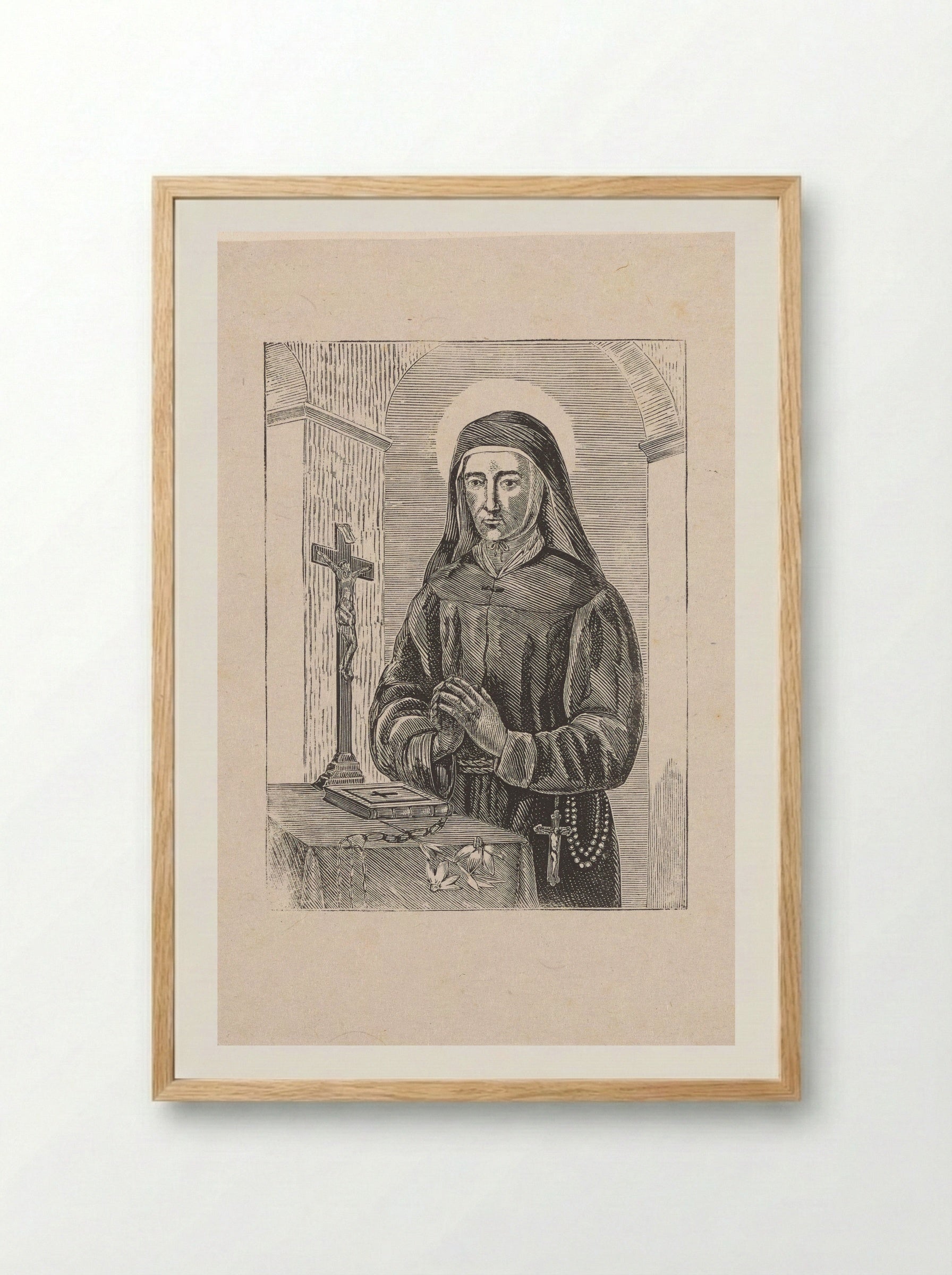 Heilige met een crucifix, een bijbel en een bloem - Isaac Weissenbruch - Framed Print Wood