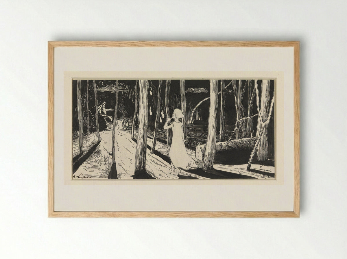 Heks bij kookpot in bos bij nacht - C. Lapine - Framed Print Wood