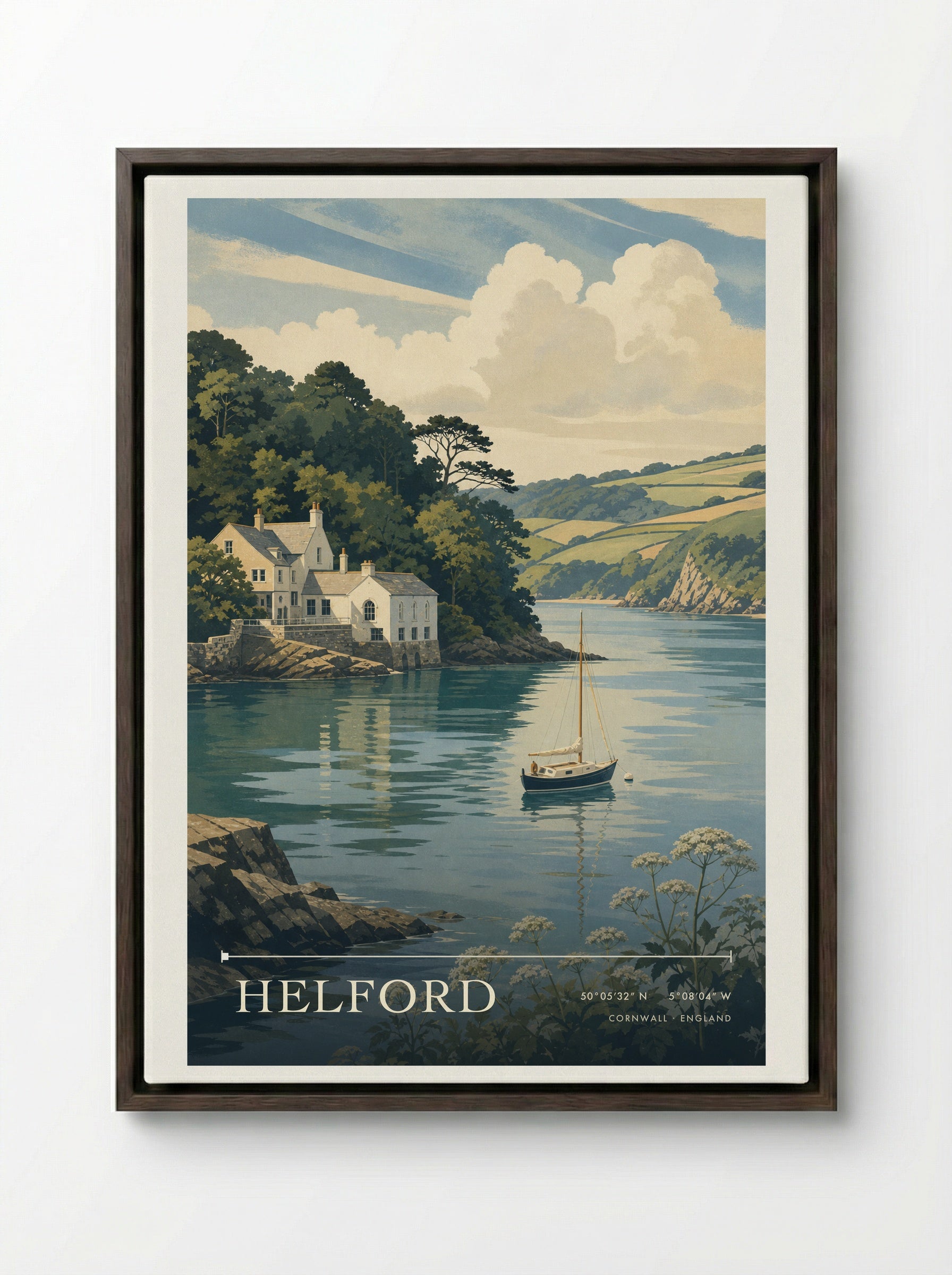 Helford Cornwall England Travel Poster - Framed Canvas Dark Wood