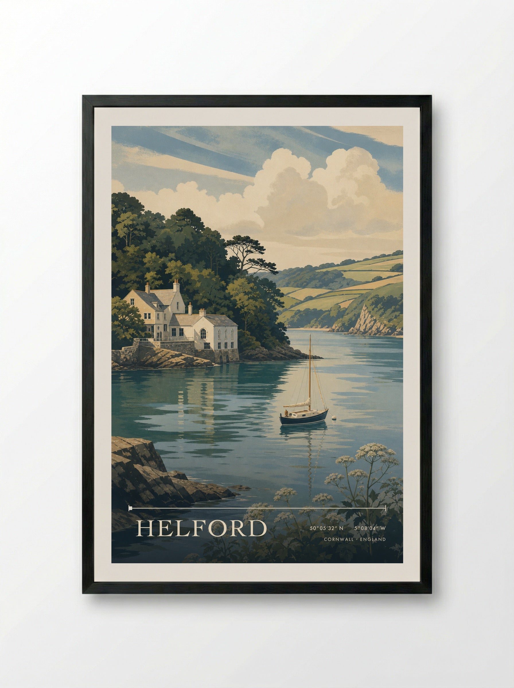 Helford Cornwall England Travel Poster - Framed Print Black