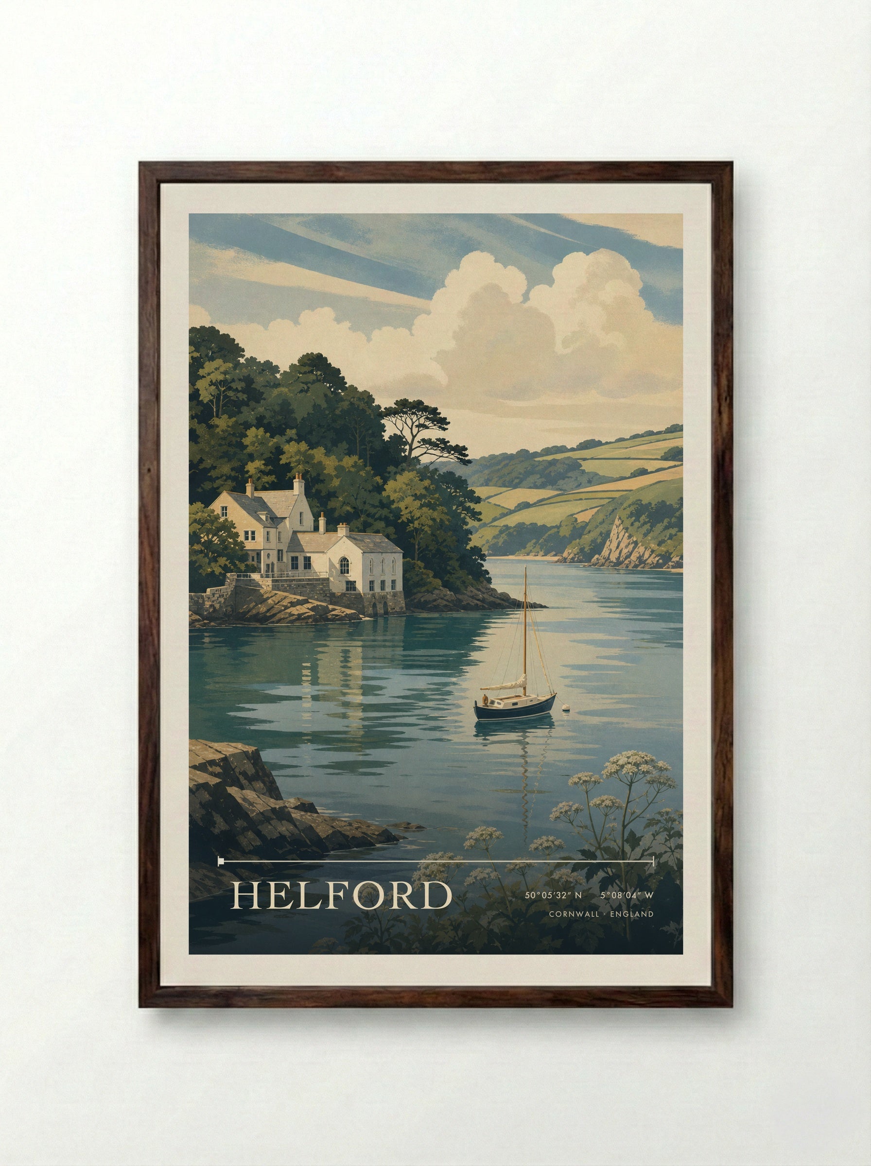 Helford Cornwall England Travel Poster - Framed Print Dark Wood