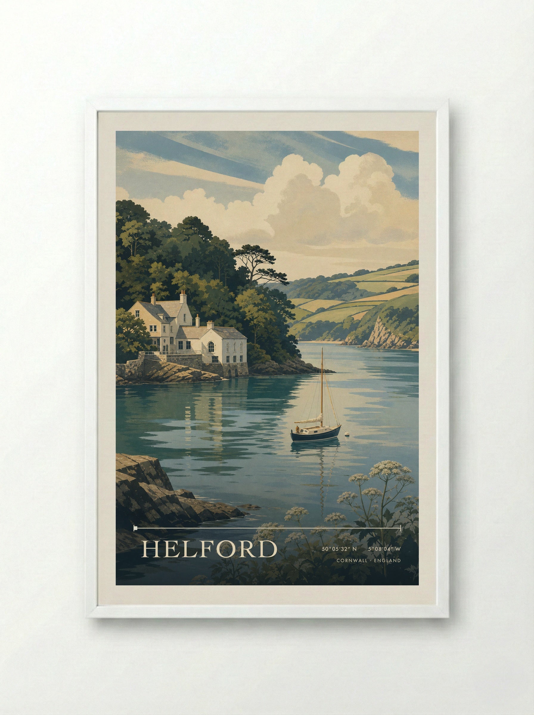 Helford Cornwall England Travel Poster - Framed Print White