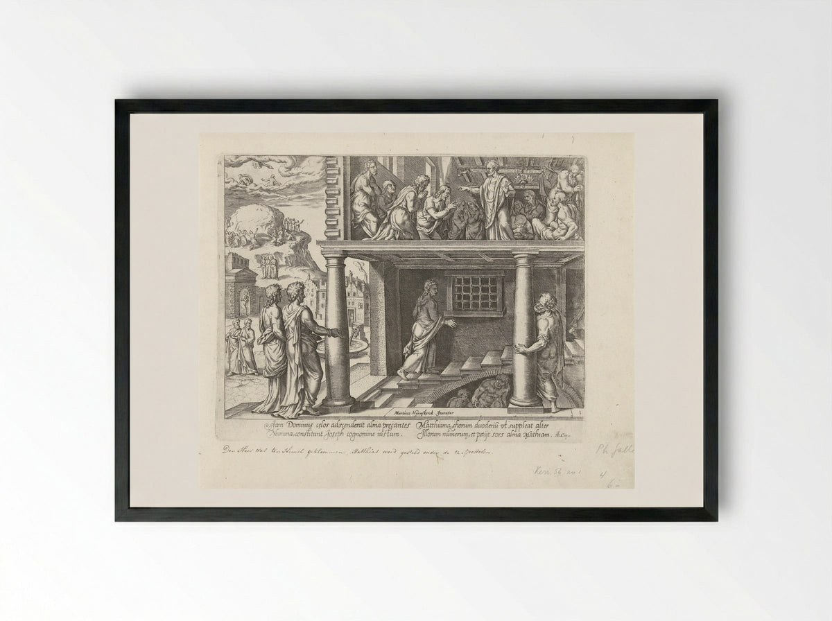 Hemelvaart van Christus en verkiezing van Mattias - Philips Galle - Framed Print Black