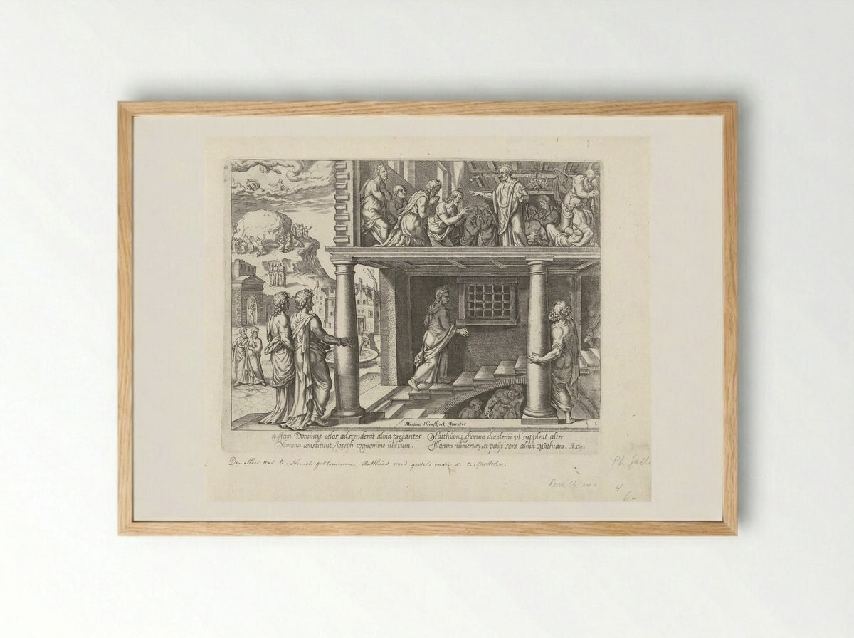 Hemelvaart van Christus en verkiezing van Mattias - Philips Galle - Framed Print Wood