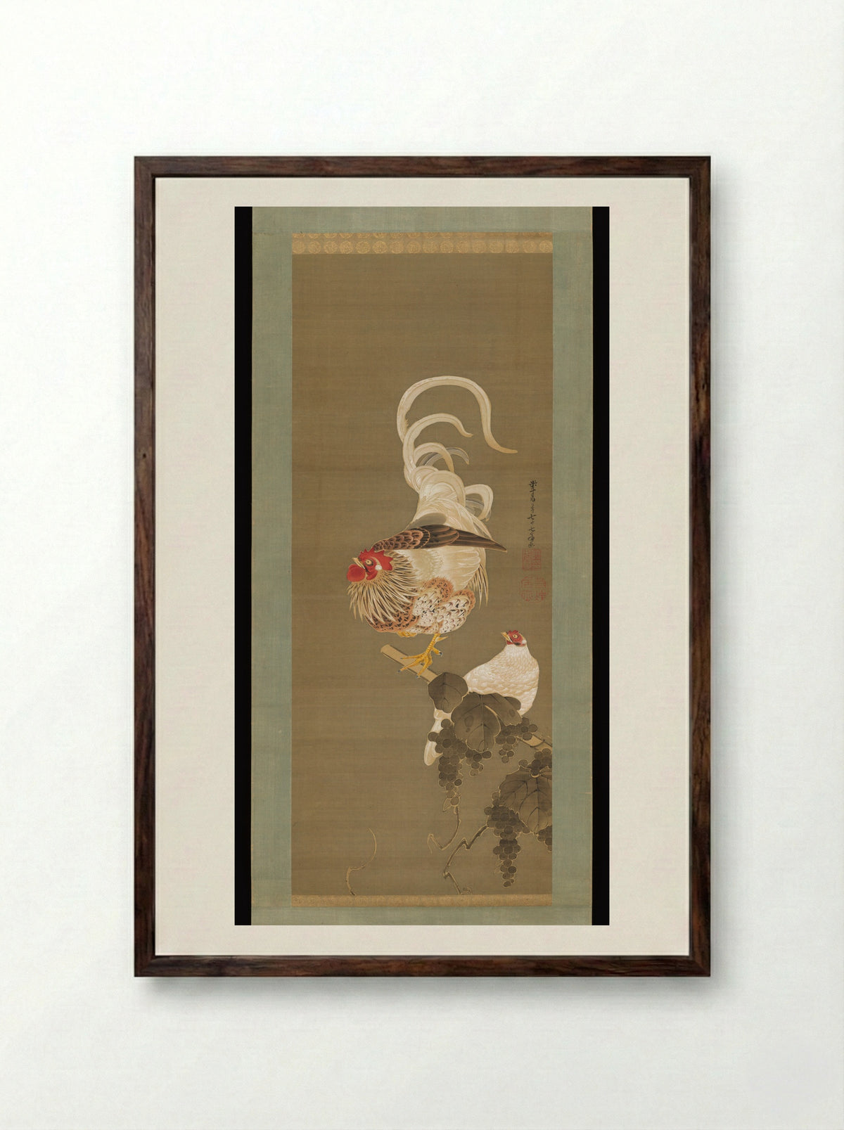 Hen and Rooster with Grapevine - Itō Jakuchū - Framed Print Dark Wood