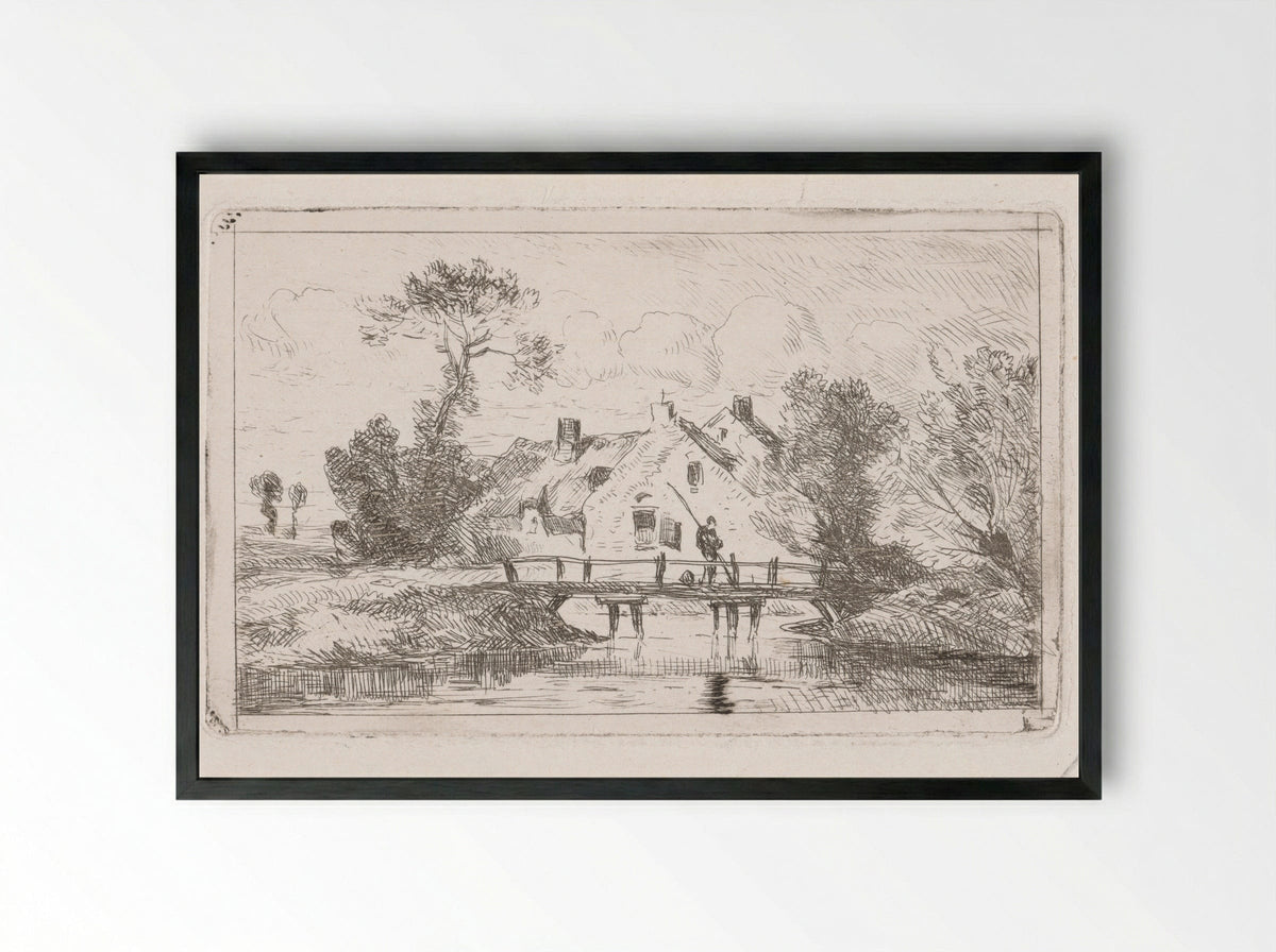Hengelaar op een bruggetje bij een boerderij - Jan Gerard Smits - Framed Print Black