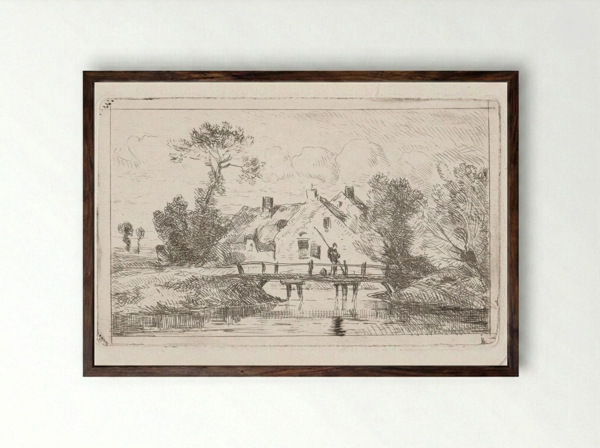 Hengelaar op een bruggetje bij een boerderij - Jan Gerard Smits - Framed Print Dark Wood