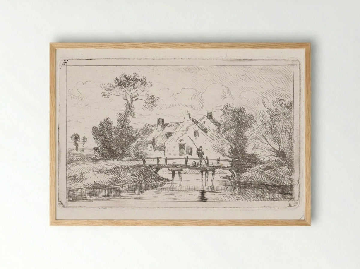 Hengelaar op een bruggetje bij een boerderij - Jan Gerard Smits - Framed Print Wood