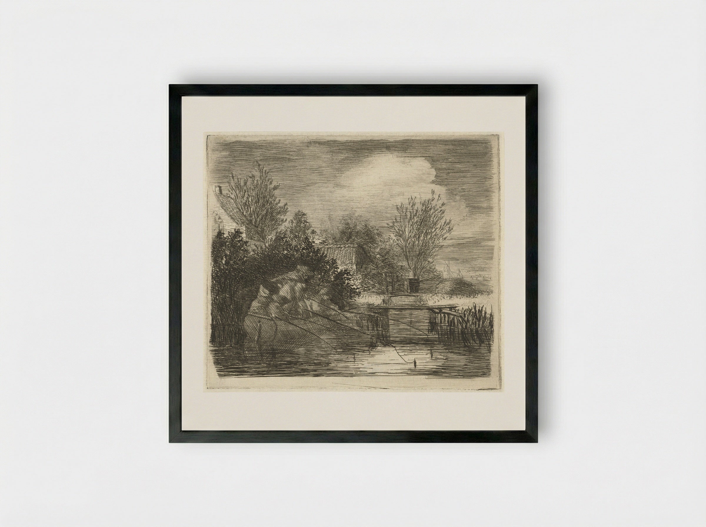 Hengelaars bij een rivier - Louis Bernard Coclers - Framed Print Black