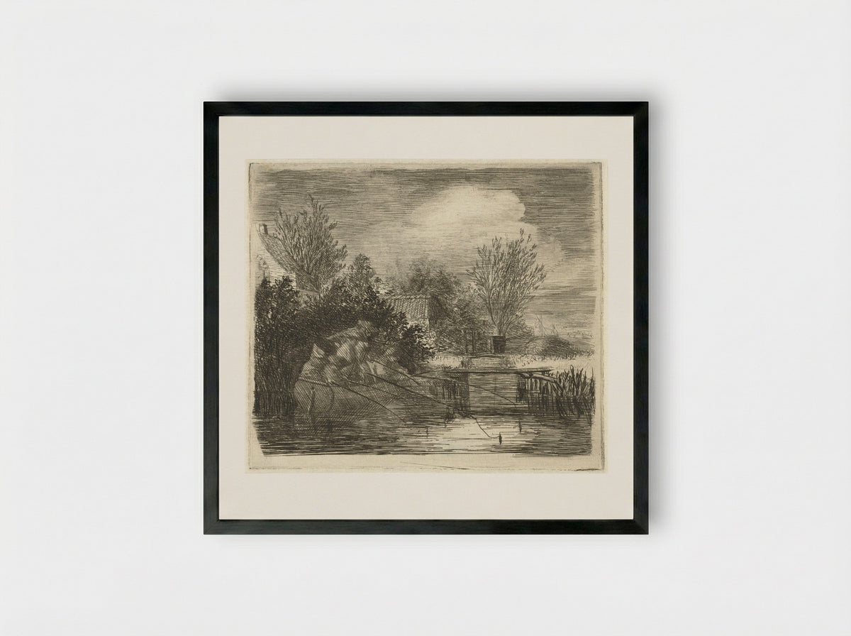 Hengelaars bij een rivier - Louis Bernard Coclers - Framed Print Black