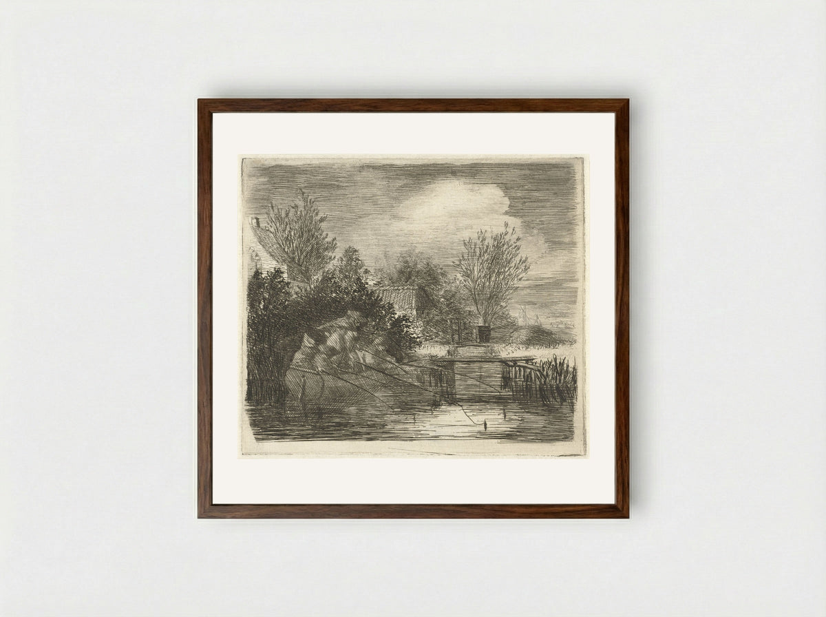 Hengelaars bij een rivier - Louis Bernard Coclers - Framed Print Dark Wood