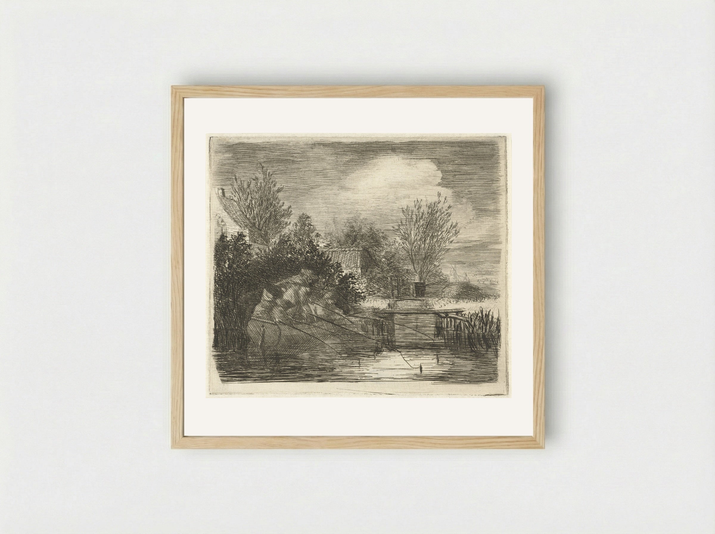 Hengelaars bij een rivier - Louis Bernard Coclers - Framed Print Wood