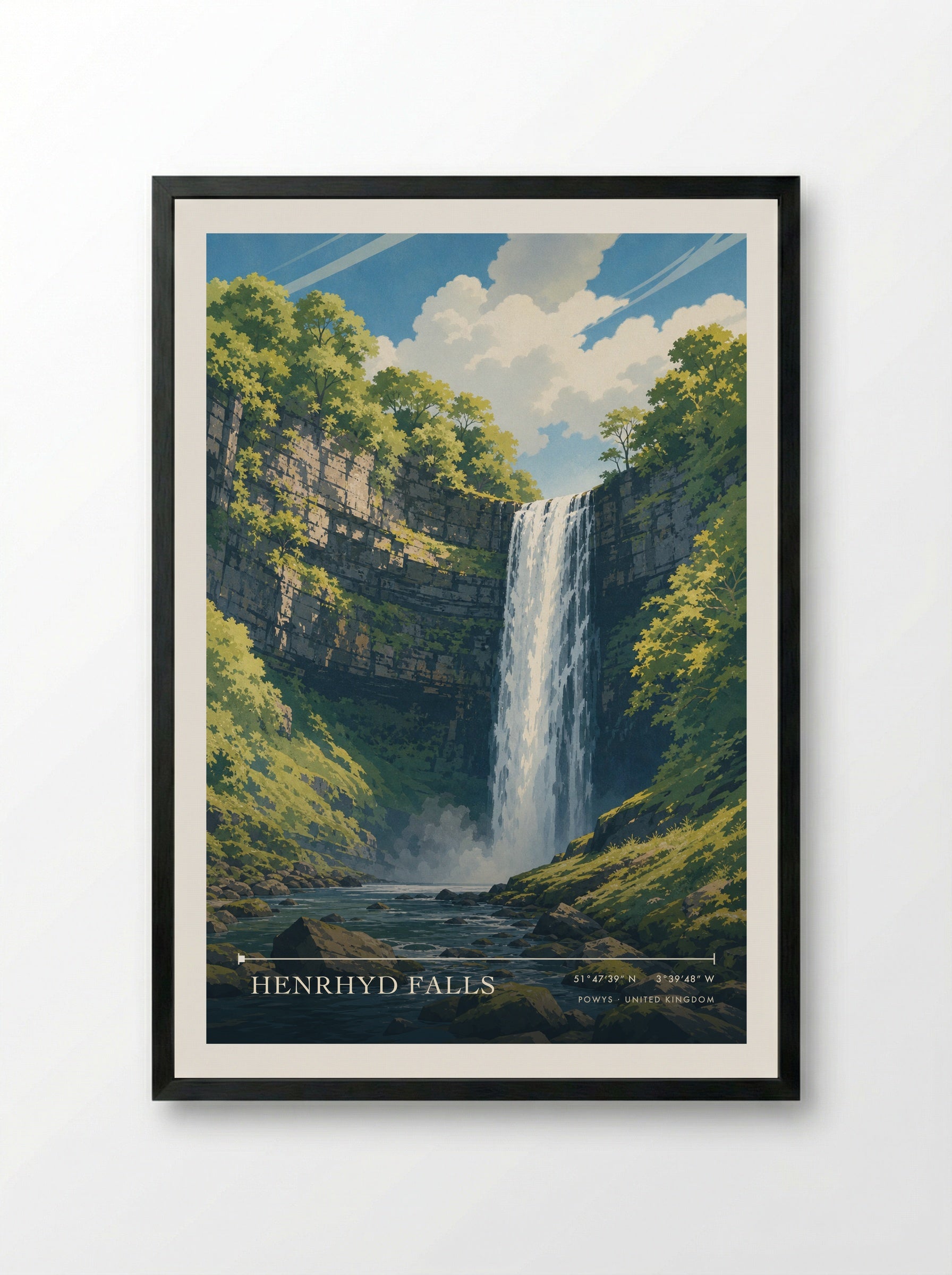 Henrhyd Falls Powys United Kingdom Travel Poster - Framed Print Black