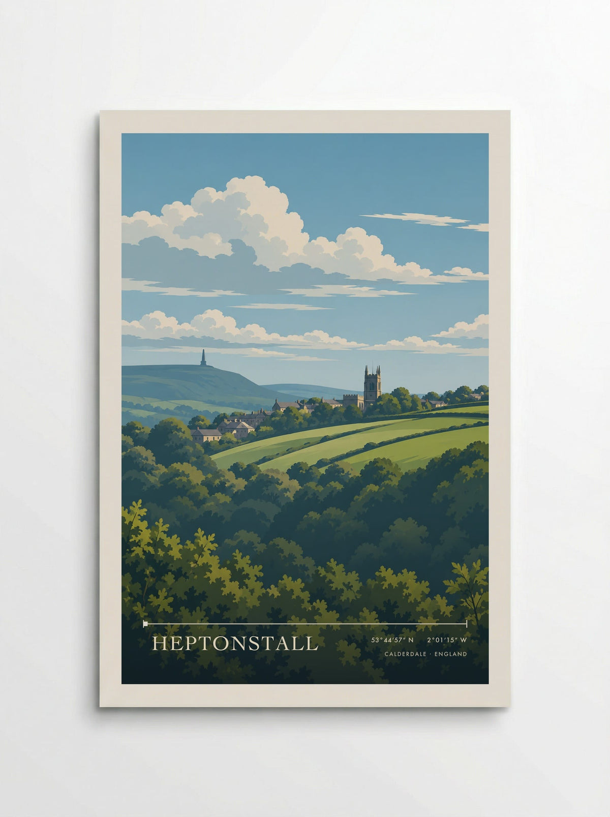 Heptonstall, Calderdale travel poster: a church tower above green hillside fields and wooded slopes beneath broad white summer clouds