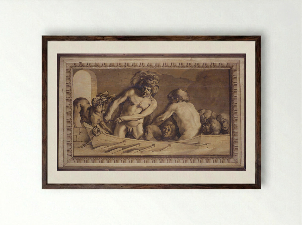 Hercules Bringing Cerberus from the Underworld - Jacob van Campen - Framed Print Dark Wood