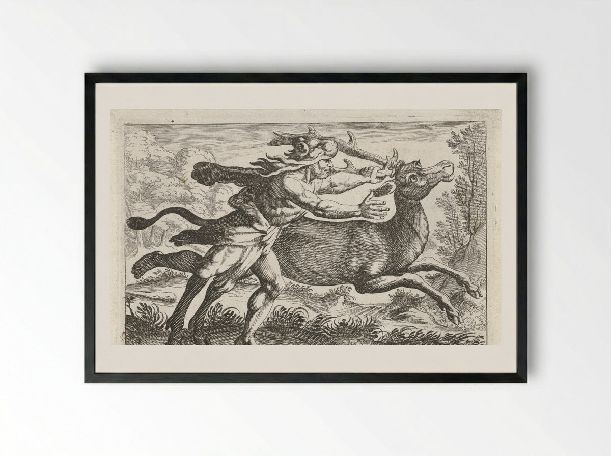 Hercules Capturing the Ceryneian Hind - Simon Frisius - Framed Print Black