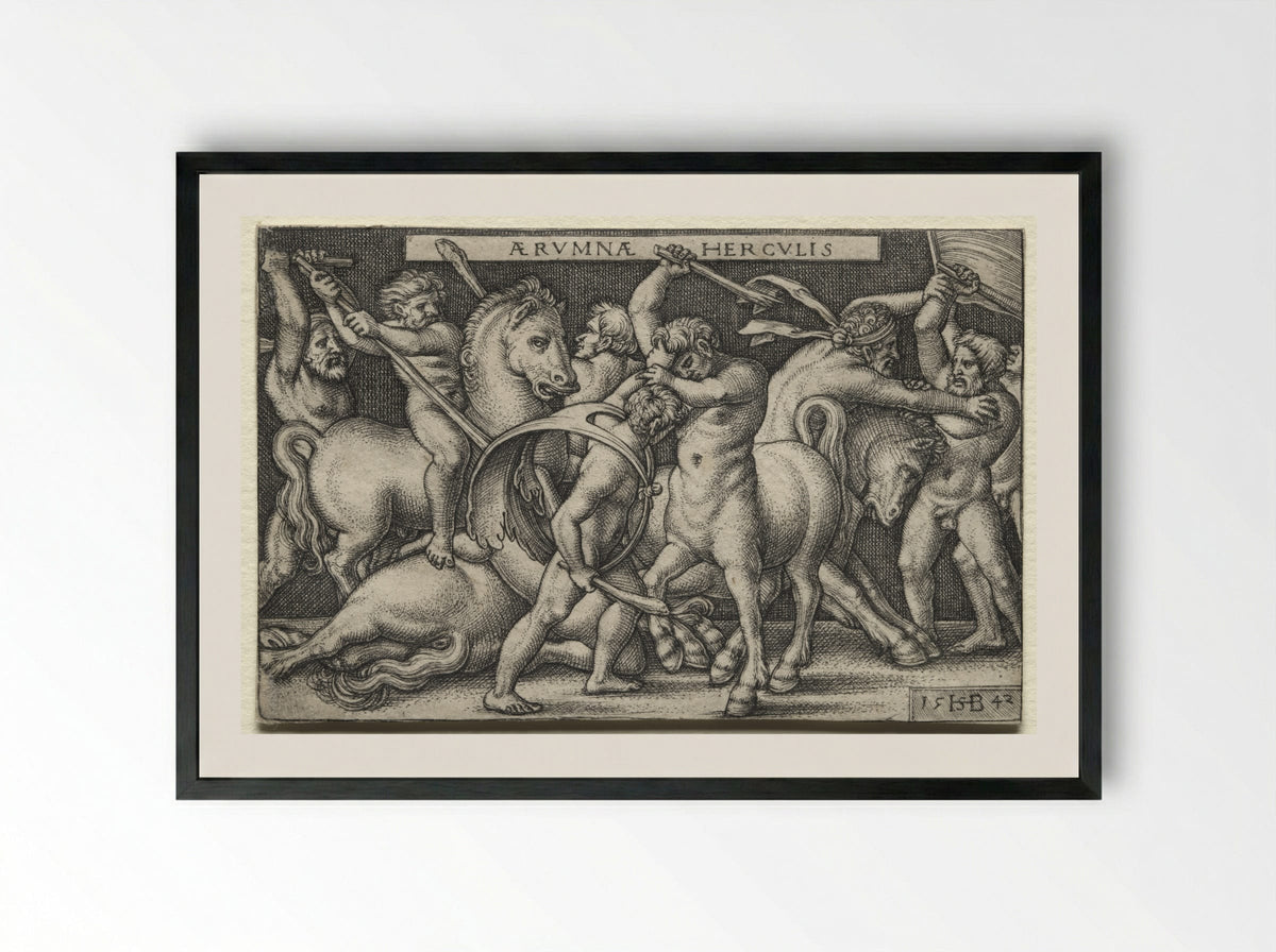 Hercules Defeats the Centaurs - Sebald Beham - Framed Print Black