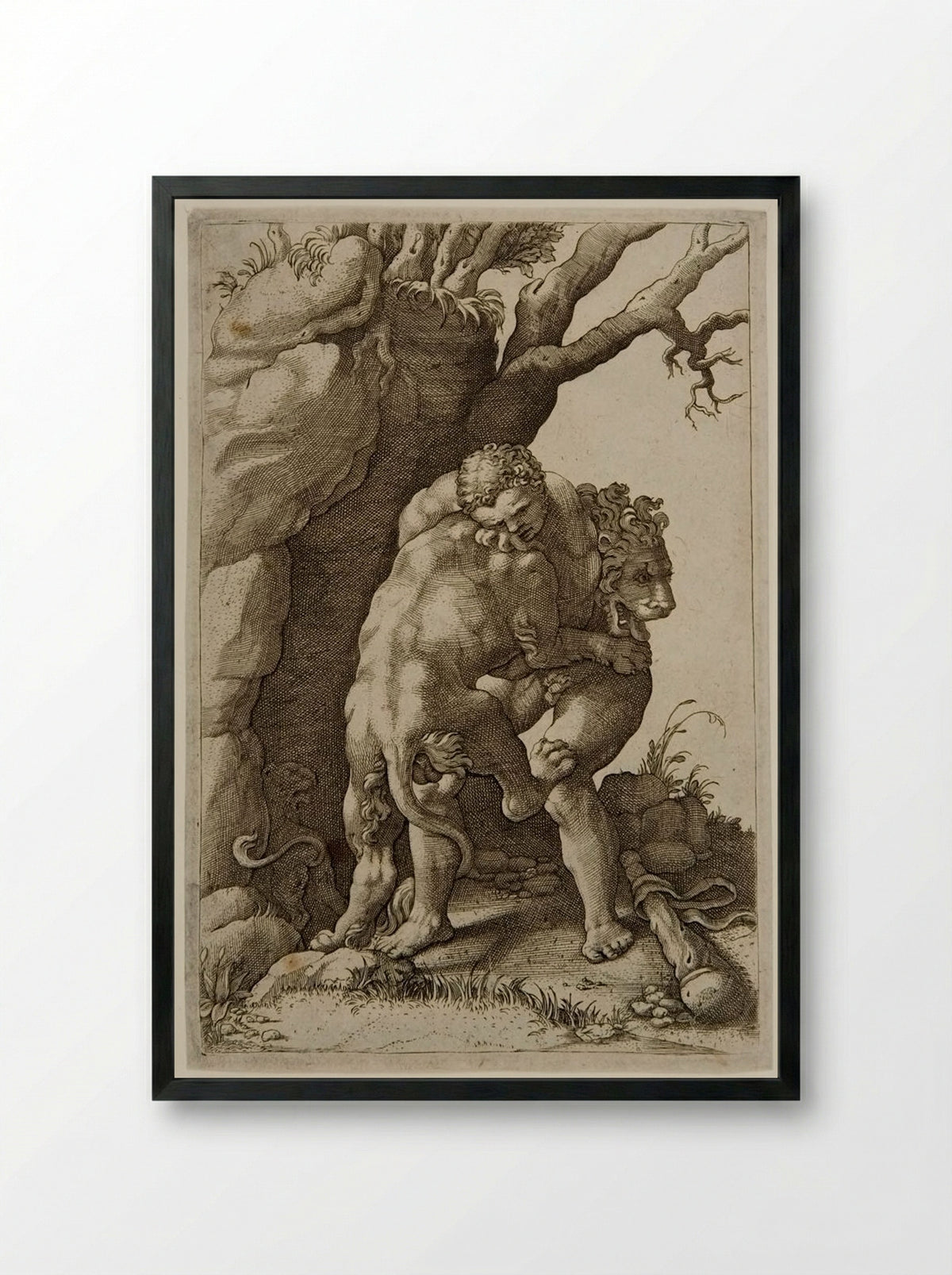 Hercules Killing the Nemean Lion - Adamo Sculptore - Framed Print Black