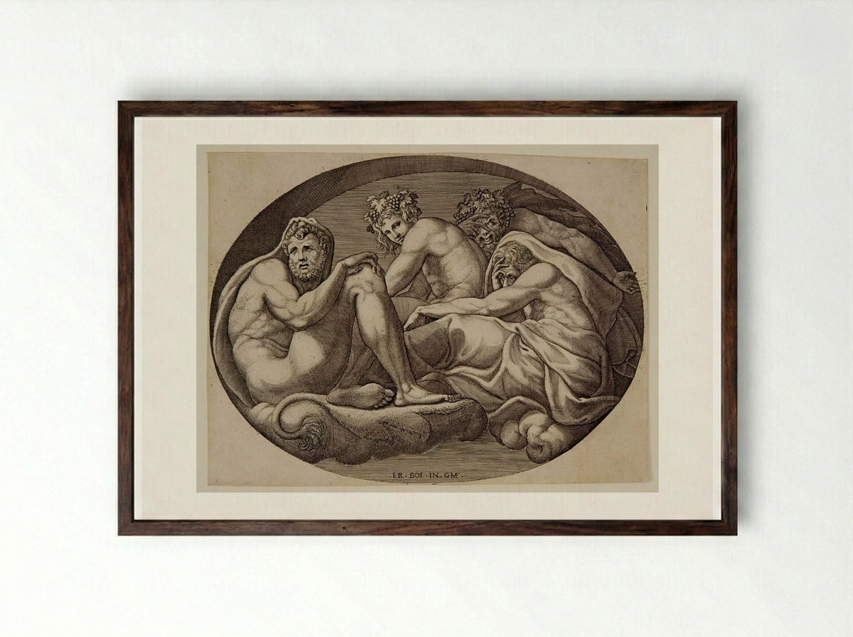 Hercules, Pan, and Bacchus - Giorgio Ghisi - Framed Print Dark Wood