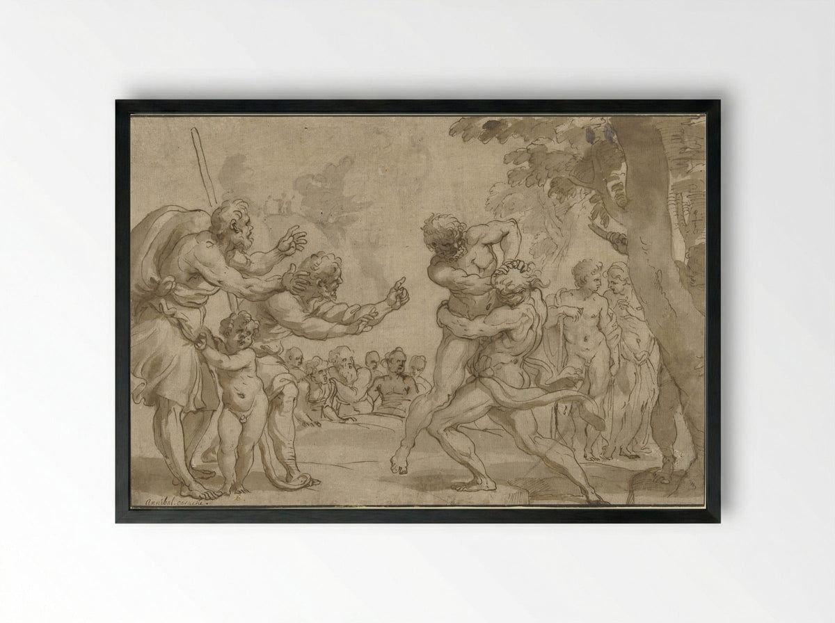 Hercules and Antaeus - Domenico Piola - Framed Print Black