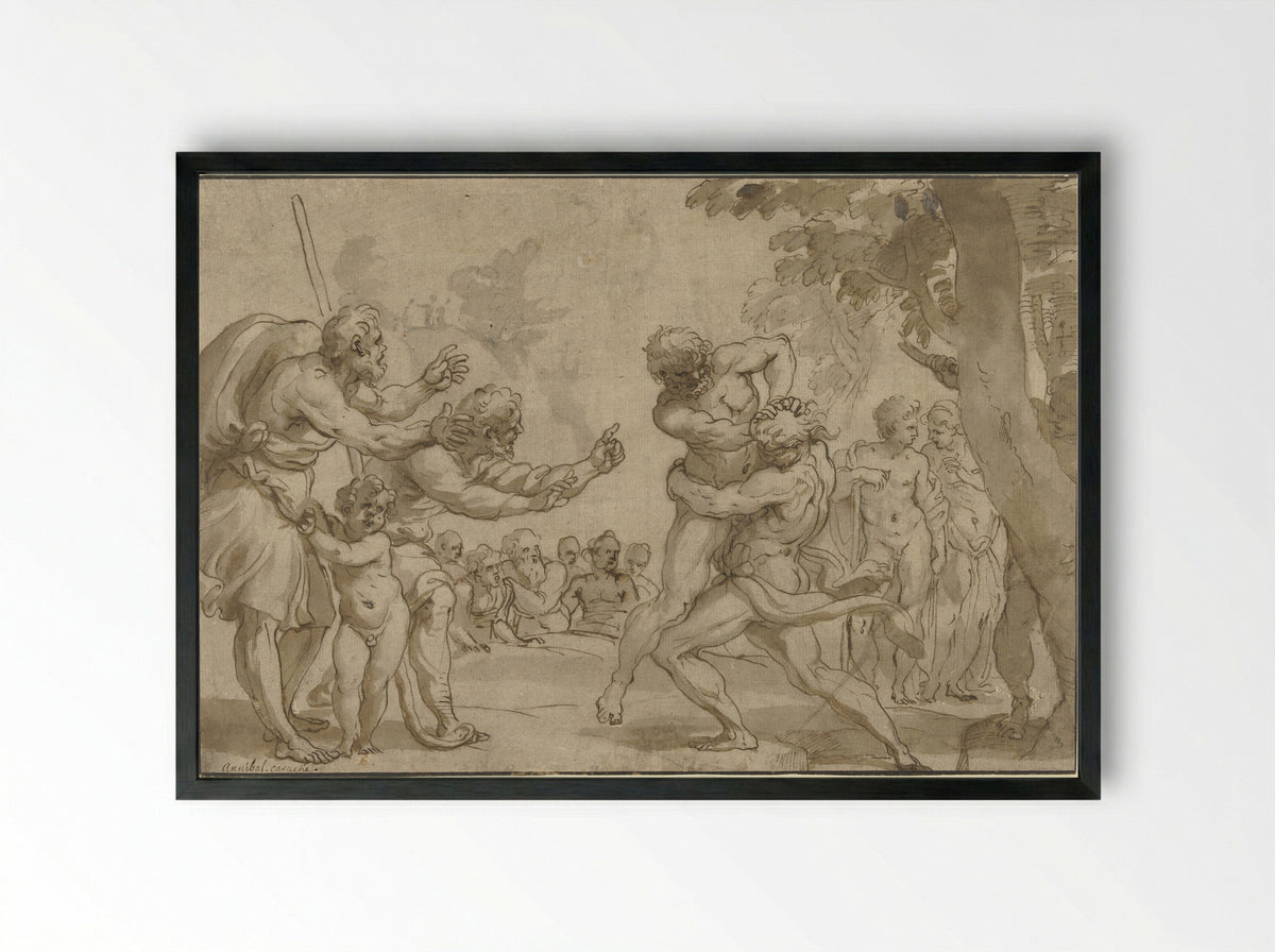 Hercules and Antaeus - Domenico Piola - Framed Print Black