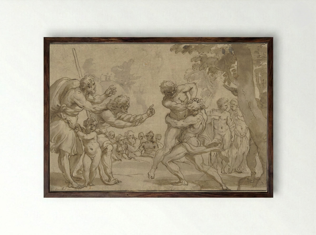 Hercules and Antaeus - Domenico Piola - Framed Print Dark Wood
