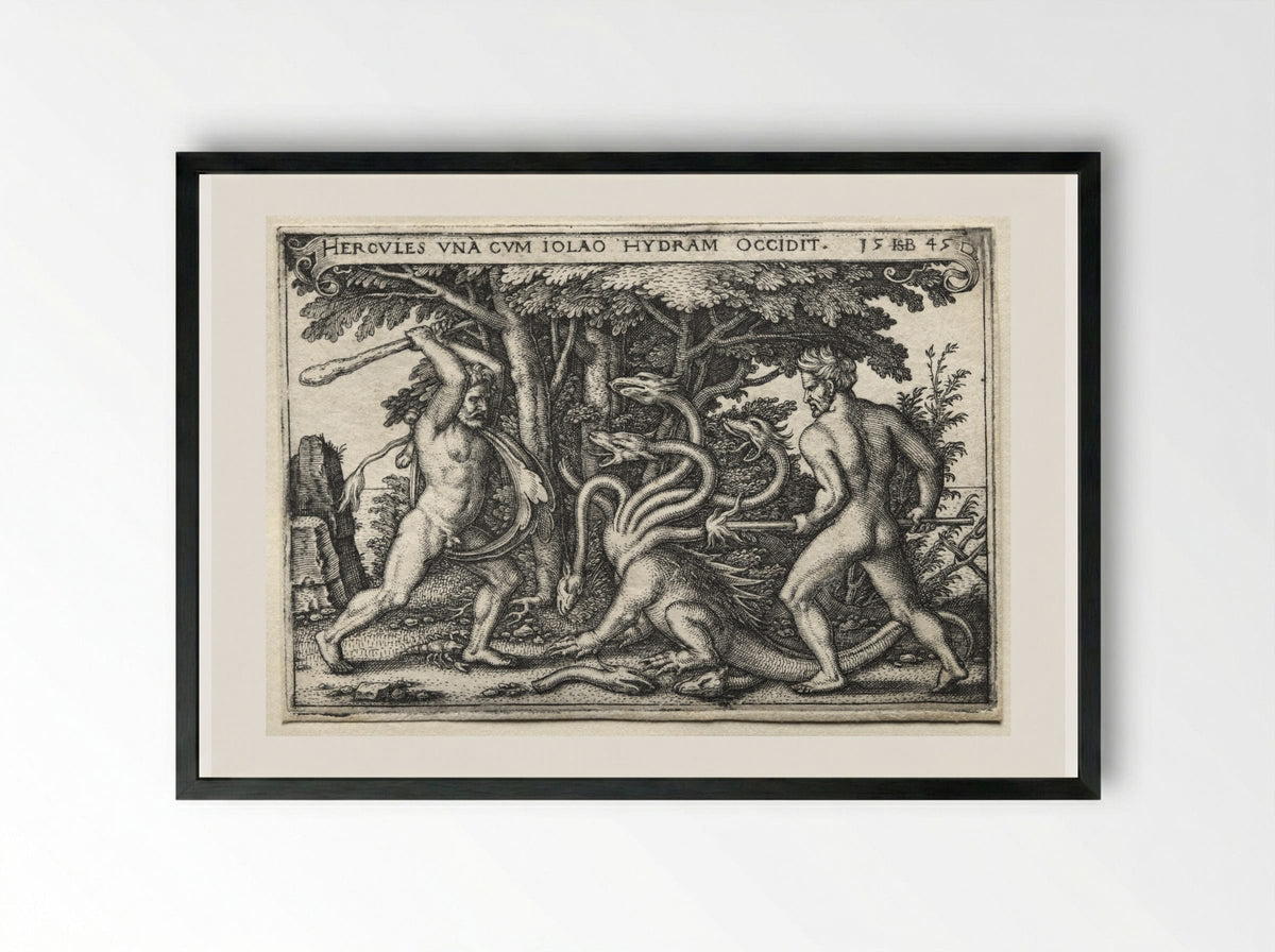 Hercules and Iolaus Slaying the Hydra - Hans Sebald Beham - Framed Print Black