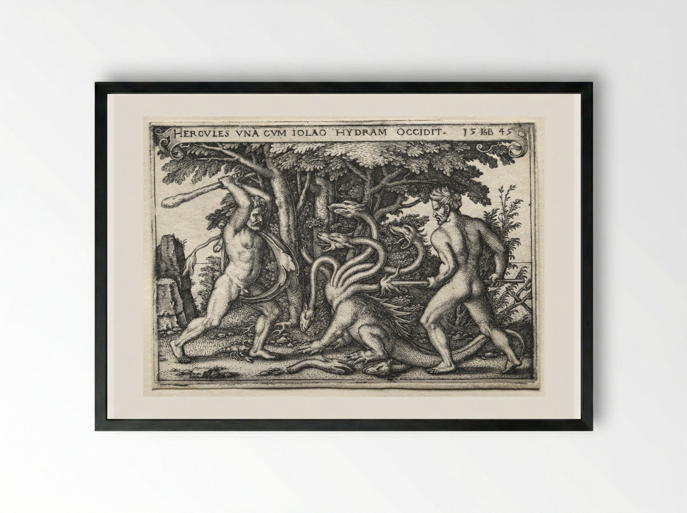 Hercules and Iolaus Slaying the Hydra - Hans Sebald Beham - Framed Print Black