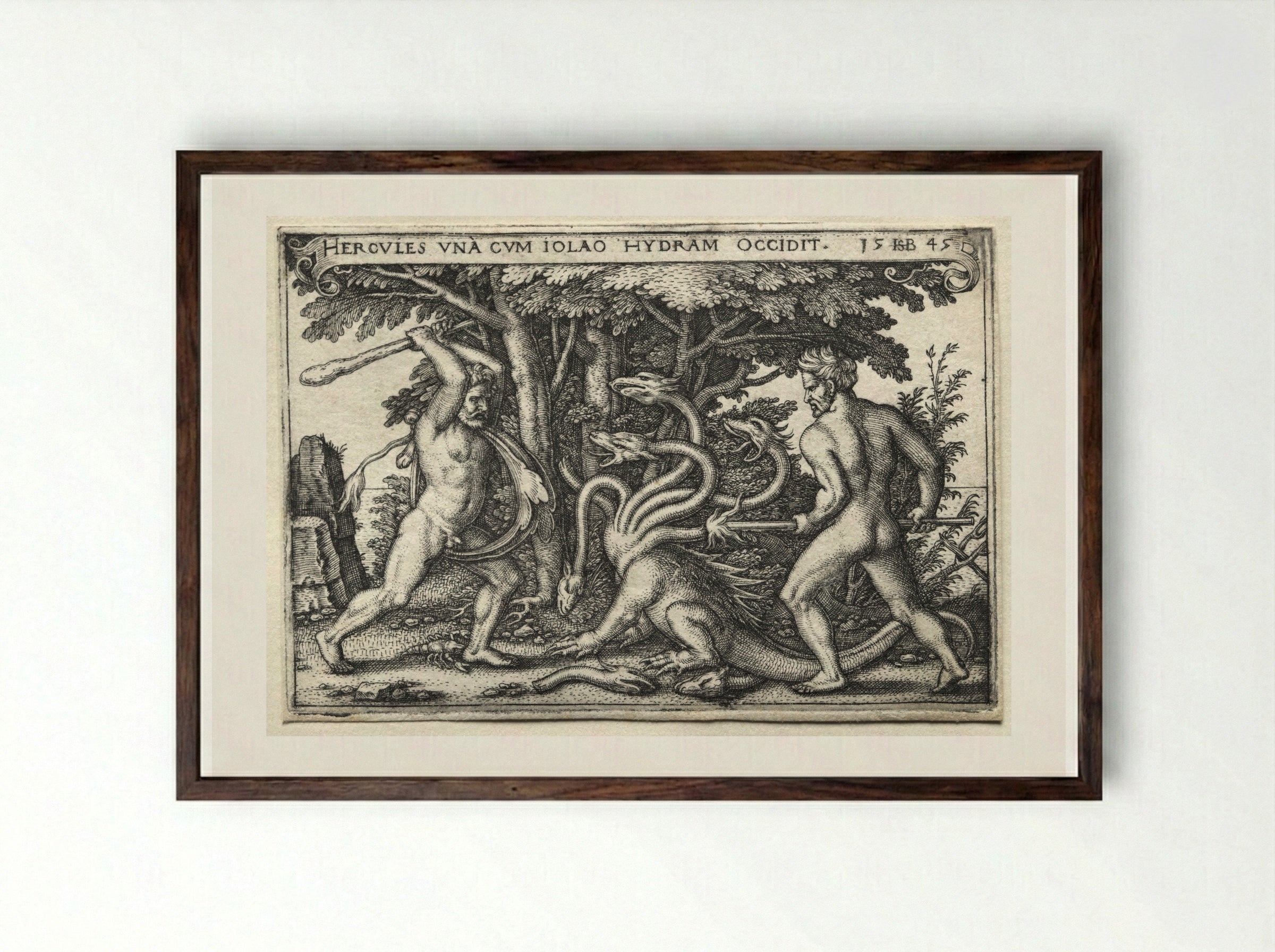 Hercules and Iolaus Slaying the Hydra - Hans Sebald Beham - Framed Print Dark Wood