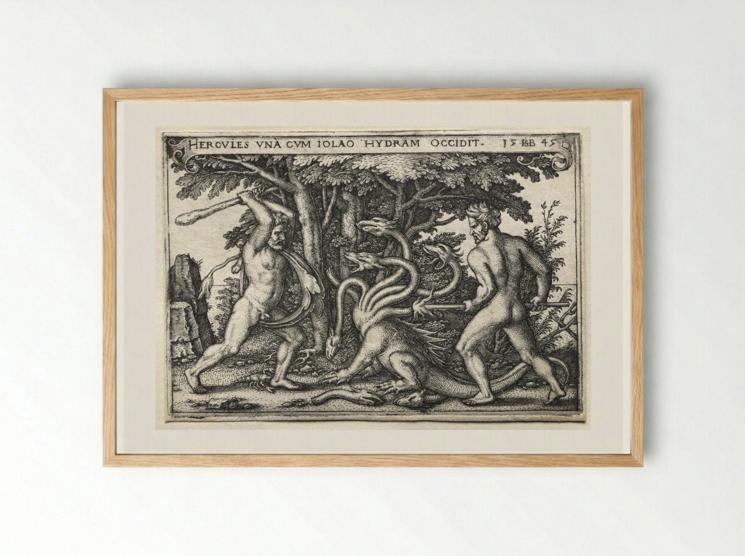 Hercules and Iolaus Slaying the Hydra - Hans Sebald Beham - Framed Print Wood