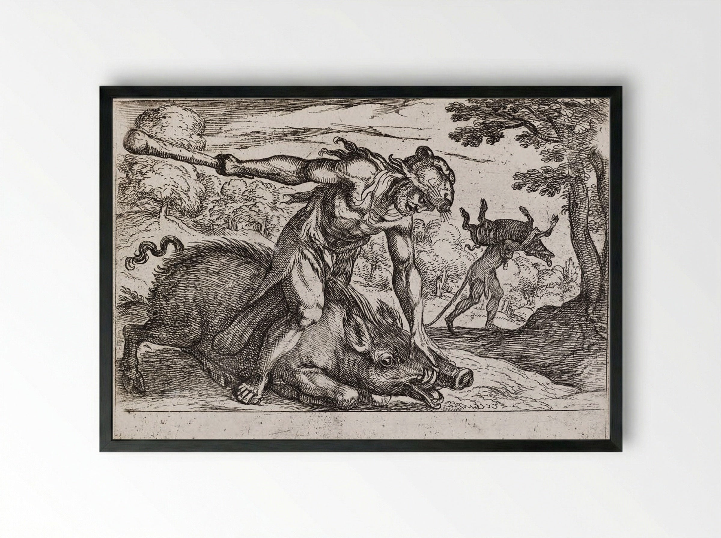 Hercules and the Boar of Erymanthus - Antonio Tempesta - Framed Print Black