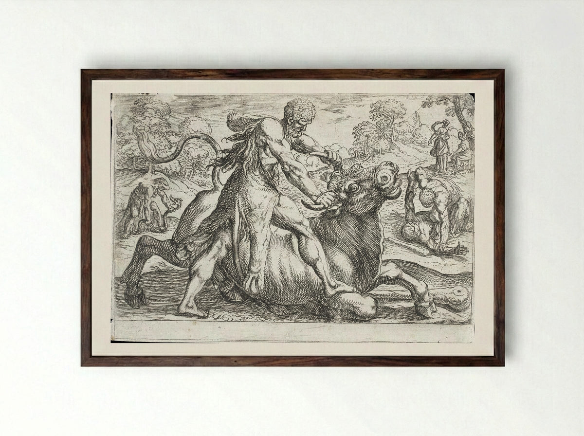 Hercules and the Bull of Poseidon - Antonio Tempesta - Framed Print Dark Wood
