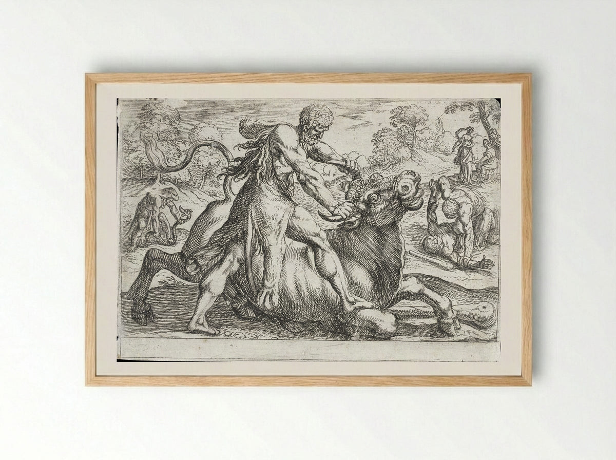 Hercules and the Bull of Poseidon - Antonio Tempesta - Framed Print Wood