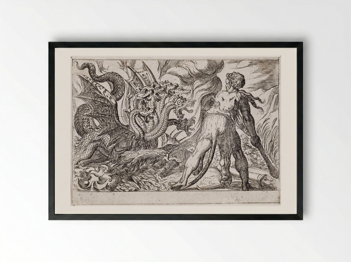Hercules and the Hydra of Lerna - Antonio Tempesta - Framed Print Black