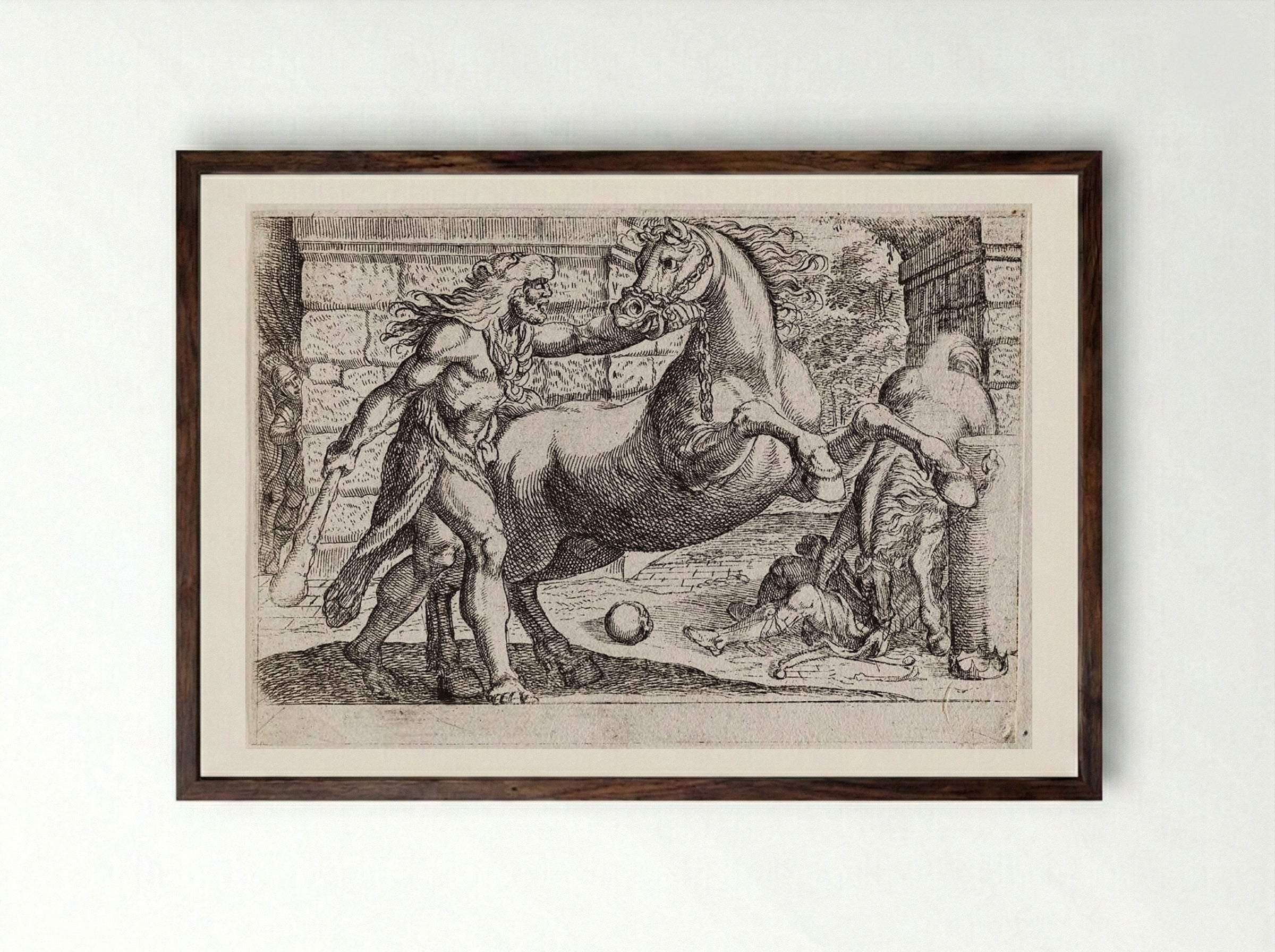 Hercules and the Mares of Diomedes - Antonio Tempesta - Framed Print Dark Wood