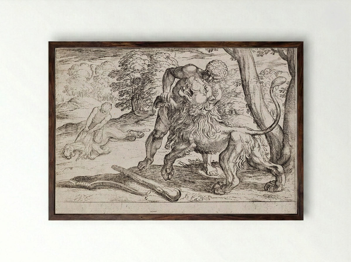 Hercules and the Nemean Lion - Antonio Tempesta - Framed Print Dark Wood